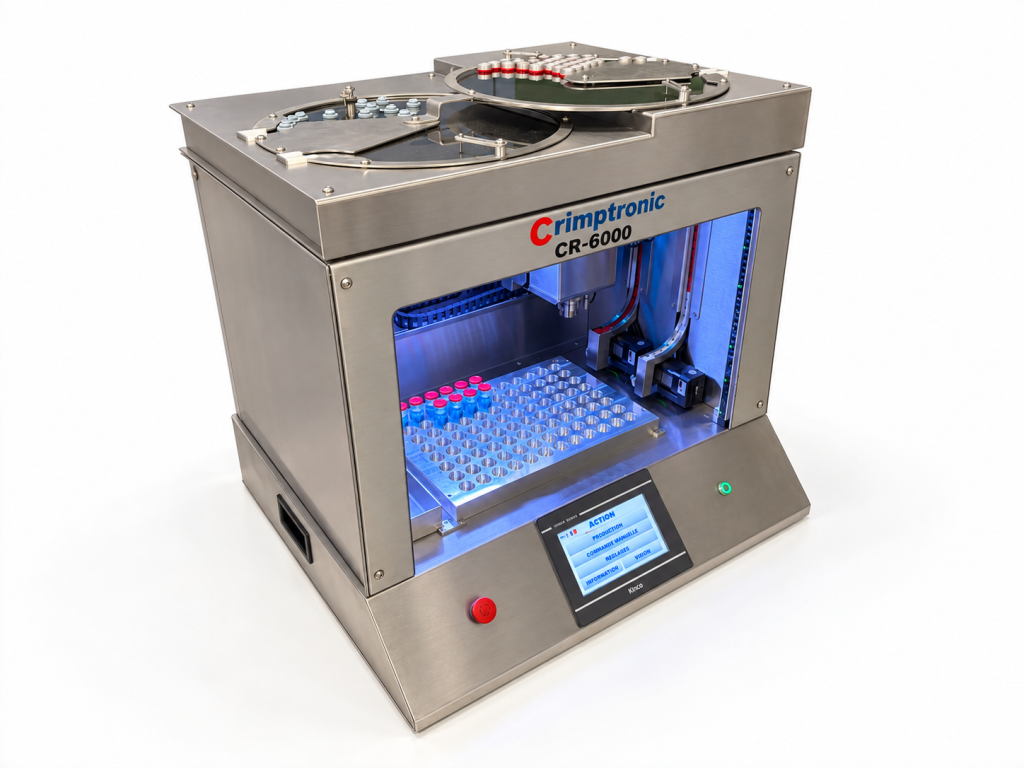 CR-6000S-XL robotic vial crimping station, front three-quarter view