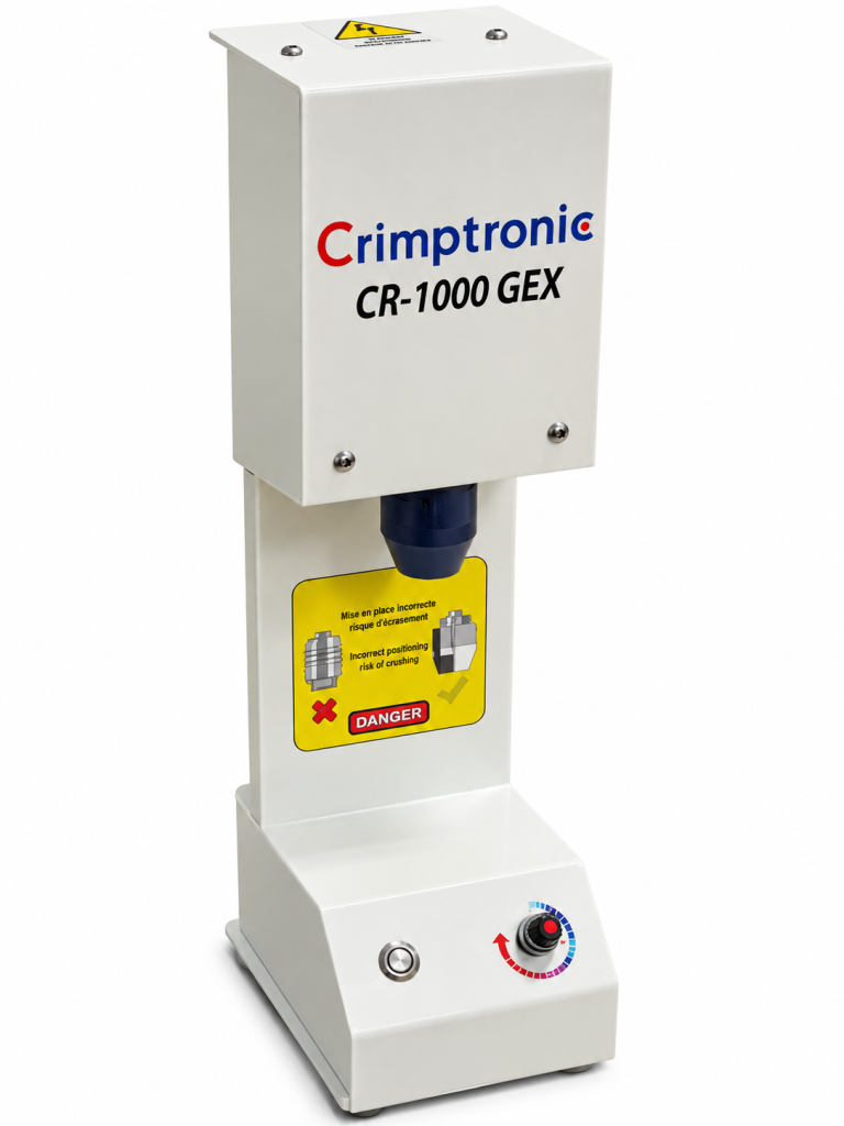 CR-1000 crimping machine, front three-quarter view